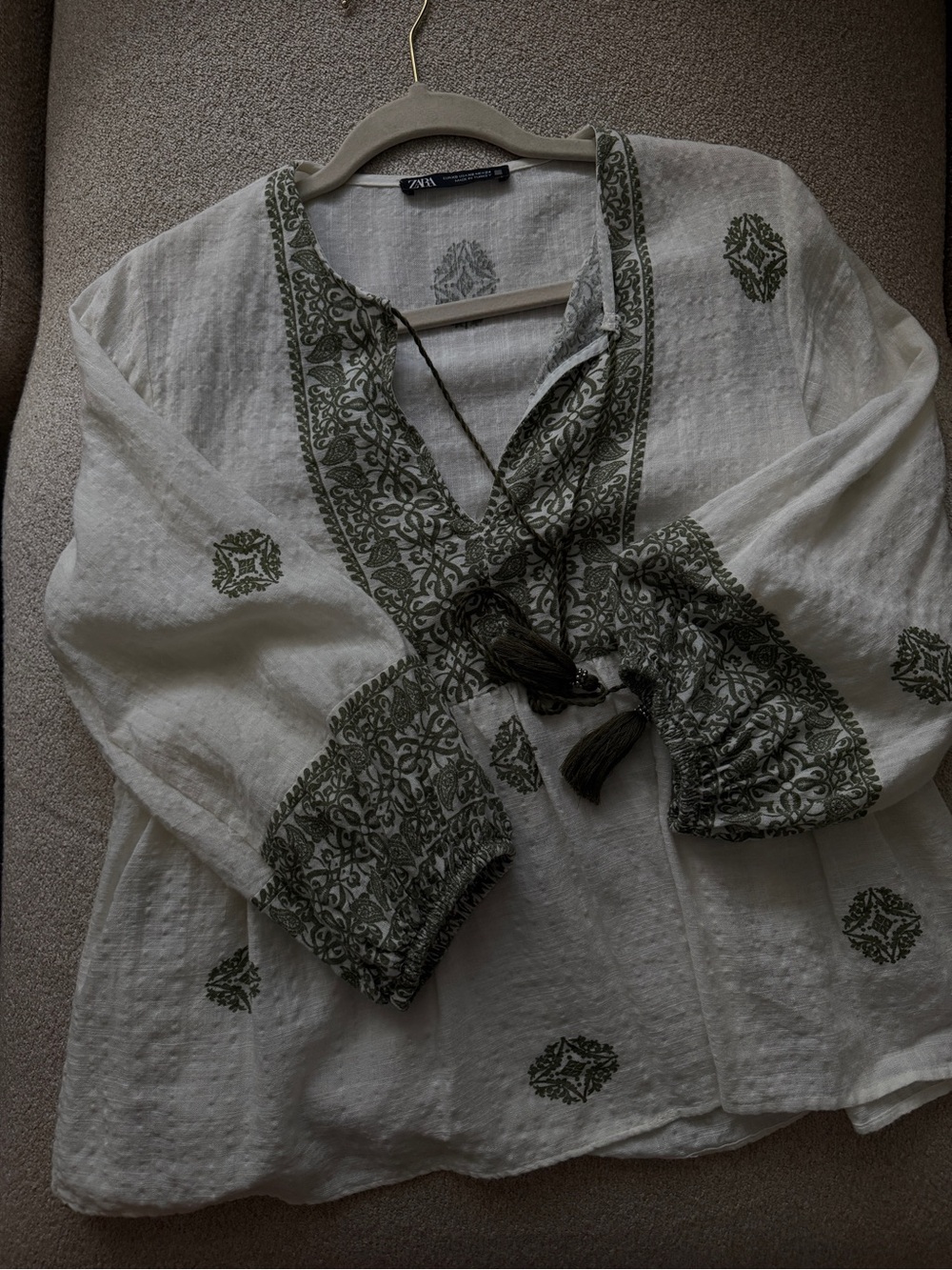 Zara White Tunic with Olive Green Embroidered Trim